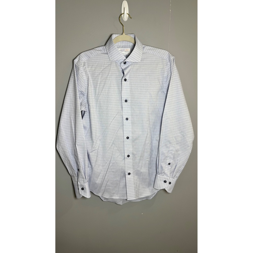 Lorenzo Uomo Trim Fit Dress Shirt Mens 15 32/33 Blue White Micro Stripe Dobby